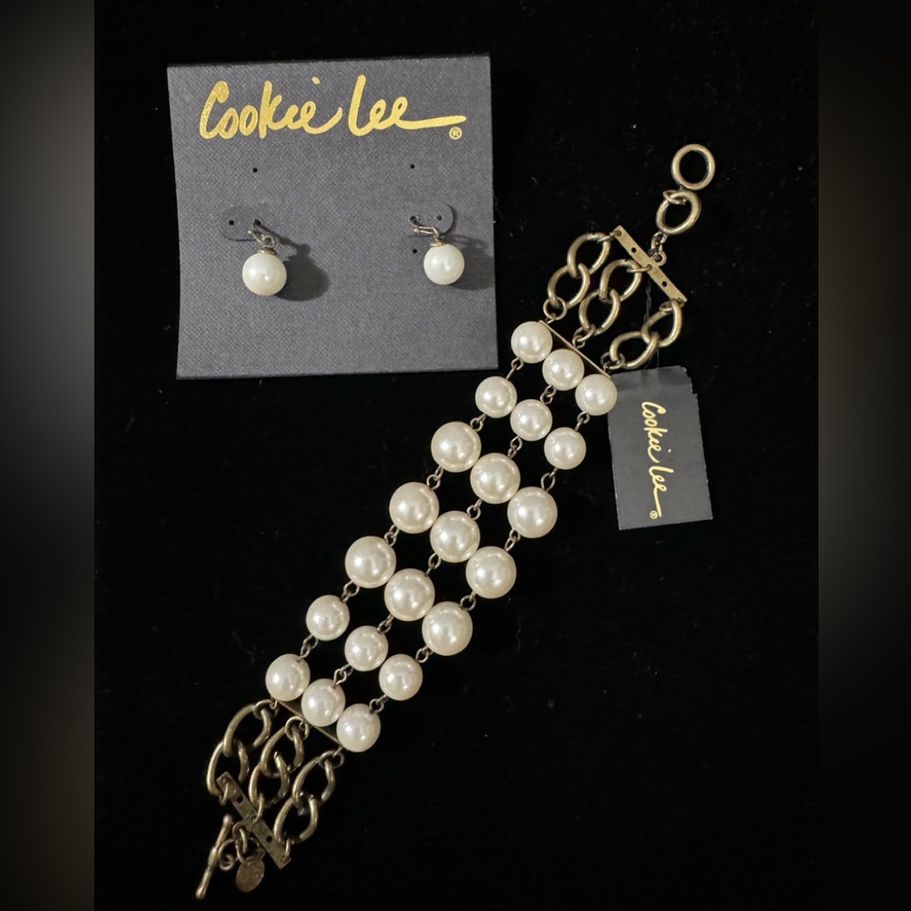 NWT! Cookie Lee Faux Pearl Drop Earrings and 3 String Bracelet Antique Goldtone